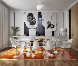 Dining room, modern black and white mat under the table, large rectangle wooden table, six high back elegant chairs,  ((same chairs)), 4 led lights on roof,art_deco_fusion, elegant pictures on the wall,interior, pearly color walls. vibrant colors