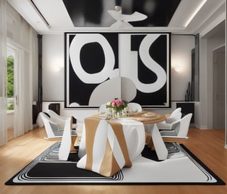 Dining room, modern black and white mat under the table, large rectangle wooden table, six high back elegant chairs,  ((same chairs)), 4 led lights on roof,art_deco_fusion, elegant pictures on the wall,interior, pearly color walls. vibrant colors