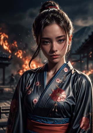  A Girl, full body shot of beautiful young Japanese female, long straight hair, wearing an elegant traditional kimono flower embroidery, (intricatedetailed on kimono), epic background, Miraculous, Perfect face, small face, small head, (beautiful detailed eyes), symmetrical eyes, (detailed face), slender, dramatic lighting, (8k, photo, masterpiece), (highest quality), (best shadow), (best illustration), ultra high resolution, 8K wallpapers, physically based rendering, photo, realistic, realism, high contrast, hyperrealism, photography, f1.6 lens, intense colors, hyper-realistic realistic texture, (cinestill 800), (detailed face, weapons, fire, glitter), nsfw, (samurai movie theme:1.2)