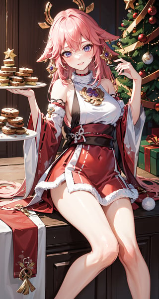 merry_christmas, surprise, christmas dress, yaemikodef, in the kitchen, taking cookies out of the oven,yaemikodef, stop, a tray full of freshly baked cookies in his hands, backwards