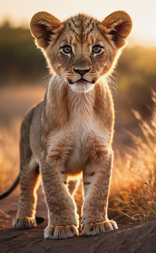 high perspective camera view, natural photo of a little lion cub, in african savanna, sunrise, sunny day, macro, soft warm lighting, soft shadows, dark noir, hyper detailed, (masterpiece, best quality:1.4), ultra realistic photography, sharp focus, shallow depth of field detailed background, ray tracing reflection, bokeh, art by unsplash, 16k