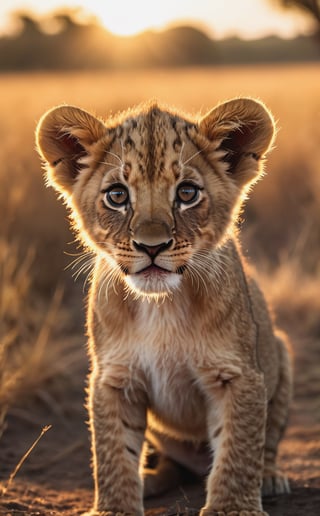 high perspective camera view, natural photo of a little lion cub, in african savanna, sunrise, sunny day, macro, soft warm lighting, soft shadows, dark noir, hyper detailed, (masterpiece, best quality:1.4), ultra realistic photography, sharp focus, shallow depth of field detailed background, ray tracing reflection, bokeh, art by unsplash, 16k