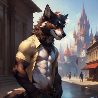 fantasy, fantasy style, full body, full shot , male, anhtro,  wolf (black fur) ,(young, 10 years old, juvenile, adolescent, young age focus), eyes, detailed_eyes , hyper realistic fur, natural fur, detailed fur , ( torn open shirt, torn pants ) , slim, slim body, male_nipples, smile, smiling, fangs,  shy expresion, friendly face, city, castle buildings, houses, shops, people in the background,  ,hyper realistic, realistic, photorealistic, insanely detailed, complex_background, complicated_background, detaled_background, insanely detailed, perfect composition, beautiful, detailed intricate, ultra realistic, 4k, 8k,  (by null-ghost, by thebigslick, (by darkgem, by honovy), 