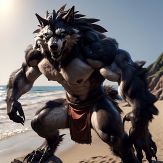 high_resolution, epic, depth of field, perfect lighting, (light particles), (best quality), (masterpiece), (ultra detailed), sharp focus, light particles, eyes, perfect eyes, anthropomorphic, masterpiece, highres, best quality, hd, 4k, 8k, ( male, male focus), eyes, perfect eyes), ((, monster, werewolf_form, monster_boy, muscle:1.3)), ((( pink nipples, huge nipples, puffy nipples, huge aerola, puffy aerola))) ((( pose, posing, standing, smile, laughing))), (((( tribal loincloth )))), (((multicolored body, mulitcolored fur, extreme detailed skin, extreme detailed fur, animated eyes, beautiful eyes, detailed eyes, ((big eyes, cute eyes)), looking at viewer))), (( outdoors, beach)), (by taran fiddler), (by darkgem:0.8), (by chunie:1),