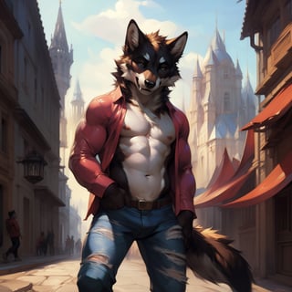 fantasy, fantasy style, full body, full shot , male, anhtro,  wolf (black fur) ,(young, 10 years old, juvenile, adolescent, young age focus), eyes, detailed_eyes , hyper realistic fur, natural fur, detailed fur , ( torn open shirt, torn pants ) , slim, slim body, male_nipples, smile, smiling, fangs,  shy expresion, friendly face, city, castle buildings, houses, shops, people in the background,  ,hyper realistic, realistic, photorealistic, insanely detailed, complex_background, complicated_background, detaled_background, insanely detailed, perfect composition, beautiful, detailed intricate, ultra realistic, 4k, 8k,  (by null-ghost, by thebigslick, (by darkgem, by honovy), 