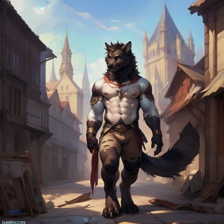 full body , male, anhtro,  wolf, black_fur, black skin ,(young, 10 years old, juvenile, adolescent, young age focus, child, underage,), eyes, detailed_eyes , hyper realistic fur, natural fur, detailed fur , ( torn old shirt, torn old pants, (medieval style, victorian style) ) , slim, slim body, male_nipples, smile, smiling, shy expresion, friendly face, paws, claw, clawed_toes, city, castle buildings, houses, shops, people in the background ,hyper realistic, realistic, photorealistic, insanely detailed, complex_background, complicated_background, detaled_background, insanely detailed, perfect composition, beautiful, detailed intricate, ultra realistic, 4k, 8k,  (by null-ghost, by thebigslick, (by darkgem, by honovy), 