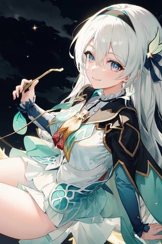 best quality, masterpiece, highres, ,firefly \(honkai: star rail\), 1girl, solo, long hair, smile, blue eyes, closed mouth, looking at viewer, outdoors, bangs, long sleeves, hair ornament, hairband, hair between eyes, cloudy sky, turquoise cape, blue sky, star \(sky\), night sky, white hair, full body, white shirt, flowing white skirt, revealing thighs, 