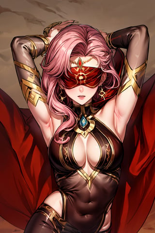 Babel, 1girl, solo, long hair, large breasts, bare shoulders, pink hair,  blindfold,desert sands,1 woman solo, busty figure, desert background, earrings hair_between_eyes jewelry blindfolded, night time, hood, high quality, best quality, 1girl, masterpiece, legs_open,pantyhose, high heels boots,GEM, detailed face, arms_above_head, showing_armpits,sexy, yellow blindfold, line art , flat colors , ornate