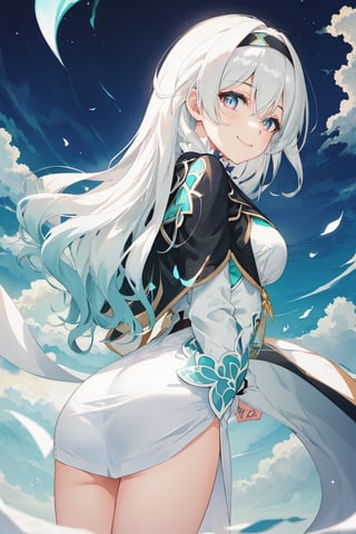 best quality, masterpiece, highres, ,firefly \(honkai: star rail\), 1girl, solo, long hair, smile, blue eyes, closed mouth, looking at viewer, outdoors, bangs, long sleeves, hair ornament, hairband, hair between eyes, cloudy sky, turquoise cape, blue sky, star \(sky\), night sky, white hair, full body, white shirt, flowing white skirt, revealing thighs,viewed_from_behind , standing