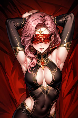 Babel, 1girl, solo, long hair, large breasts, bare shoulders, pink hair,  blindfold,desert sands,1 woman solo, busty figure, desert background, earrings hair_between_eyes jewelry blindfolded, night time, hood, high quality, best quality, 1girl, masterpiece, legs_open,pantyhose, high heels boots,GEM, detailed face, arms_above_head, showing_armpits,sexy, yellow blindfold, line art , flat colors , ornate