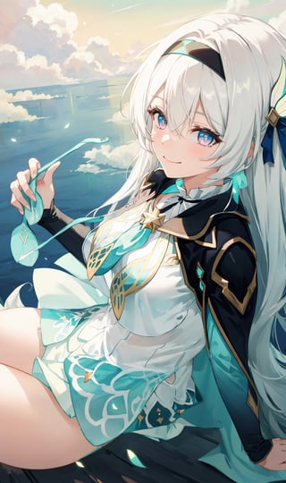 best quality, masterpiece, highres, ,firefly \(honkai: star rail\), 1girl, solo, long hair, smile, blue eyes, closed mouth, looking at viewer, outdoors, bangs, long sleeves, hair ornament, hairband, hair between eyes, cloudy sky, turquoise cape, blue sky, star \(sky\), night sky, white hair, full body, white shirt, flowing white skirt, revealing thighs, 