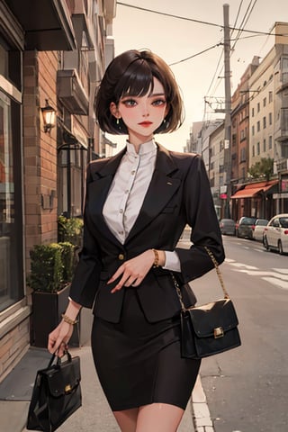 Majestic solo female figure stands confidently in front of a luxurious backdrop, her elegant ensemble featuring precise tailoring, complemented by impeccable makeup. A timeless masterpiece, she carries a sleek classic handbag and dons high-end jewelry against the sophisticated setting of an upscale restaurant or fashionable city street. Her chic bob haircut completes the polished look.