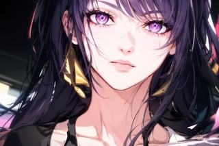 (extremely detailed CG, best quality:1.1), 1girl, perfect face, bright pupils, (finely detailed beautiful eyes:1.1), shiny skin, lustrous skin, wide hips, narrow waist, hair over one eye, bangs, gloves, black shorts, earrings, boots, cleavage, single thighhigh boot, asymmetrical footwear, jacket, asymmetrical sleeve, hair ornament, expressionless, city, science fiction, neon lights, starry sky, ,hair over one eye, upclose, near to face, portrait,