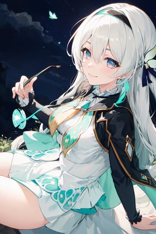 best quality, masterpiece, highres, ,firefly \(honkai: star rail\), 1girl, solo, long hair, smile, blue eyes, closed mouth, looking at viewer, outdoors, bangs, long sleeves, hair ornament, hairband, hair between eyes, cloudy sky, turquoise cape, blue sky, star \(sky\), night sky, white hair, full body, white shirt, flowing white skirt, revealing thighs, 