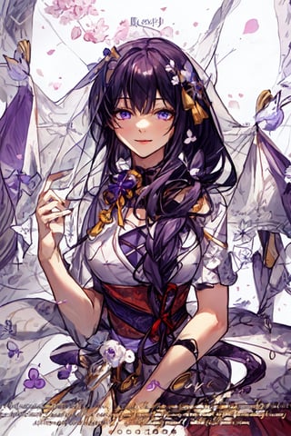 (extremely detailed CG, best quality:1.1), 1girl, perfect face, bright pupils, (finely detailed beautiful eyes:1.1),  wide hips, narrow waist, ,, upper body, portrait, ,raidenshogundef,   purple and white theme background 