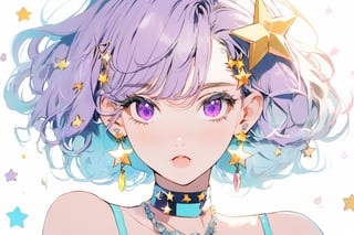 face focus, cute, masterpiece, best quality, 1girl, solo, jewelry, blonde hair, hair ornament, earrings, hairclip, looking at viewer, portrait, short hair, white background, parted lips, blush, bangs, simple background, signature, necklace, virtual youtuber, bare shoulders, collarbone, multicolored hair, aqua eyes, hair ribbon, open mouth, purple hair, star earrings