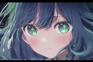 face focus, cute, masterpiece, best quality, 1girl, black background, highly detailed eyes, perfect lighting, looking at viewer,  light particle, solo, standing, pixiv, depth of field, cinematic compotision, looking up ,blue hair,1girl, solo, green eyes, blue hair, medium_hair, gradient hair,