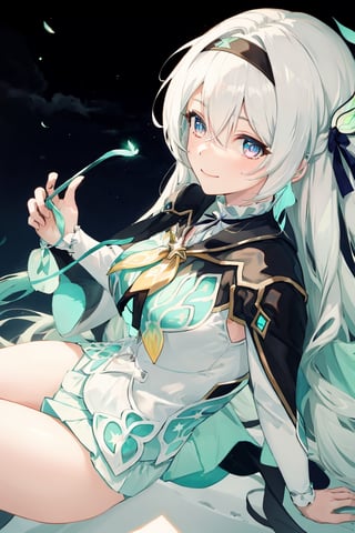 best quality, masterpiece, highres, ,firefly \(honkai: star rail\), 1girl, solo, long hair, smile, blue eyes, closed mouth, looking at viewer, outdoors, bangs, long sleeves, hair ornament, hairband, hair between eyes, cloudy sky, turquoise cape, blue sky, star \(sky\), night sky, white hair, full body, white shirt, flowing white skirt, revealing thighs, 