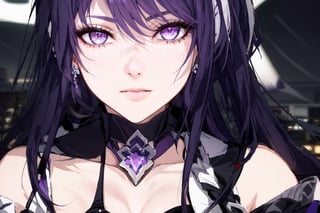 (extremely detailed CG, best quality:1.1), 1girl, perfect face, bright pupils, (finely detailed beautiful eyes:1.1), shiny skin, lustrous skin, wide hips, narrow waist, hair over one eye, bangs, gloves, black shorts, earrings, boots, cleavage, single thighhigh boot, asymmetrical footwear, jacket, asymmetrical sleeve, hair ornament, expressionless, city, science fiction, neon lights, starry sky, ,hair over one eye, upclose, near to face, portrait,