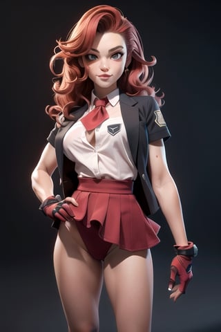  entire body , masterpiece , a topmodel long legs , beautiful face , red curled hair , black eyes , fraggels, great shape , school uniform, realistic , photoshot.,3DMM