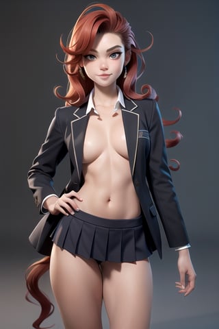  entire body , masterpiece , a topmodel long legs , beautiful face , red curled hair , black eyes , fraggels, great shape , school uniform, realistic , photoshot.,3DMM