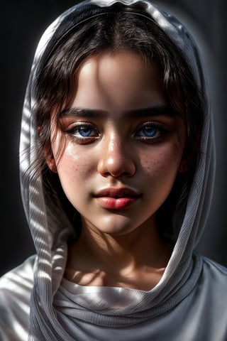 A stunning close-up portrait of a 17-year-old Muslim girl, wearing a crisp white jilbab. Her beautifully symmetrical face is the epitome of photorealistic detail, with piercing blue eyes that sparkle like sapphires in cinematic lighting. Her full lips curve into a radiant smile, framing her delicate features. Red cheeks add a touch of innocence to this breathtaking visage, as if bathed in soft white light. The most beautiful face in the world, and arguably, the most beautiful girl too.