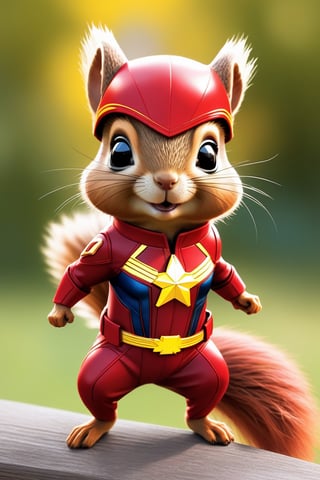 A squirrel with captain marvel costume