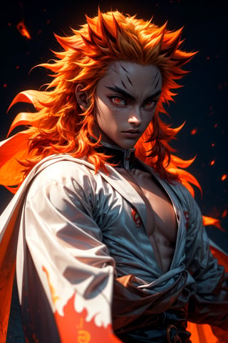 sharp focus, dynamic, (natural skin texture, hyperrealism:1.25), (skinny:1.25),portrait of Kyojuro , 1boy , glowing eyes, looking at viewer, serius face, empty look, dinamic pose, dinamic hair, strong wind, orange hair-streaks, very low angle, looking at camera, pale skin, staring, constricted pupils, fire background, fire-storm,rengoku kyoujurou, 
white cape, fire streaks,r1ge, upper body