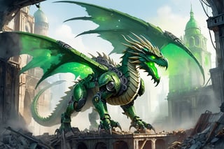 concept art mechanoid green (dragon:1.3) on industrial ruins,(raptor-robot head:1.2), (green glowing eyes:1.8), large 2wings, 4paws, (full body:1.8), steam punk, plate armor, one tail, intricately detailed, digital artwork, illustrative, (painterly:1.8), (watercolour:1.8), matte painting, highly detailed, wide angel view, (full body shot:1.8), detailmaster2, monster,flat design