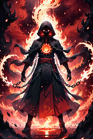 (Dark and intense:1.2), A striking anime character, shrouded in shadows and poised for battle, stands against a deep crimson background adorned with menacing chains. Glowing red hollow fire particles dance around the scene, creating an otherworldly ambiance. The unique pastel look adds an ethereal touch to this dramatic and visually intense composition,