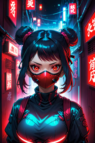 raw photo, morbid cyberpunk, (red theme:1.1), (hdr, dark shot, low key:1.33), (red neon glow:1.2), a cyber ninja, (glowing red eyes:1.11), (ninja mask:1.1), tattoo, crazy rage, dark alley background, vibrant colors, trending on 500px, film grain, space buns , (intricate details:0.9), (hdr, hyperdetailed:1.2)
