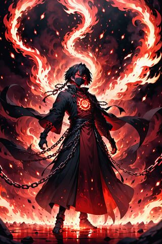 (Dark and intense:1.2), A striking anime character, shrouded in shadows and poised for battle, stands against a deep crimson background adorned with menacing chains. Glowing red hollow fire particles dance around the scene, creating an otherworldly ambiance. The unique pastel look adds an ethereal touch to this dramatic and visually intense composition,