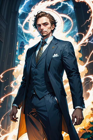 A fantastic painting of a man in a suit, by Greg Rutkowski and Alphonse Mucha. Trending on Artstation, 8k HD wallpaperj GTA 5 cover, official media, beautiful, very beautiful, detailed, high quality, wallpaper 4K, epic, trending on artstation and behance, dynamic lightning, intricate details, energetic composition, golden ratio, concept ,Color Booster