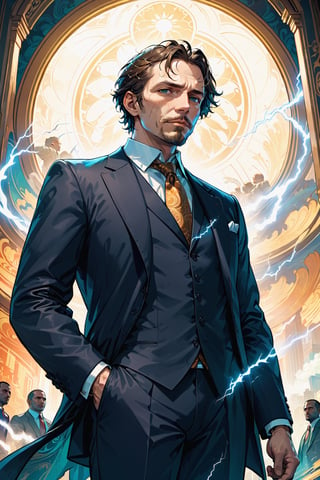 A fantastic painting of a man in a suit, by Greg Rutkowski and Alphonse Mucha. Trending on Artstation, 8k HD wallpaperj GTA 5 cover, official media, beautiful, very beautiful, detailed, high quality, wallpaper 4K, epic, trending on artstation and behance, dynamic lightning, intricate details, energetic composition, golden ratio, concept ,Color Booster