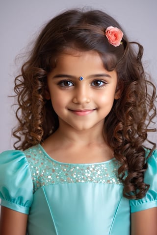 closed lips, cute smile, asian girl, Girl, ten years old, long hair, curly hair, brown hair, brown eyes, full body, child, pink princess dress, rose crown with leaves, perfect curly curls, rosy cheeks, dress with lots of ruffles and ribbons, short legs , cute, fluffy princess, dress with puff sleeves, lots of small flowers in the hair, light blue dress, freckles on the face, sparkle in the eyes, super realistic, smile with teeth showing, red lips, full lips

, indian girl,