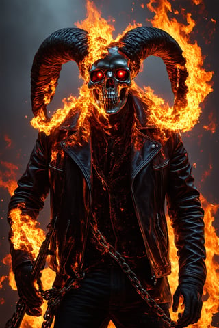 __Ghost Rider __, solo, 1boy __nicolas cage__, jacket, weapon, male focus, gun, night, chain, fire, ground vehicle, building, motor vehicle, skull, leather, hell customized chopper, ((ram's skull with glowing red eyes)), warped and dripping with ((molten metal)), burns with ((eerie flames)), leather jacket, burning, [Chrome:0.5], [rider:0.3], (masterpiece, award winning artwork) many details, extreme detailed, full of details, Wide range of colors, high Dynamic         casting shadow style, cucoloris patterned illumination