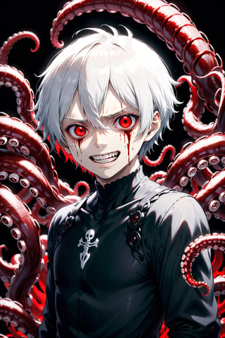 (1boy) portrait, best quality, ultra high res, ultra detailed, black and red, high contrast color tone, extremely detailed lighting, cinematic lighting, soft lights, (masterpiece, high quality:1.4), (kaneki ken, black hair, white hair, red and black eye, teeth, blood eyes, black clothes, scorpio tentacles), , , blood, , black background, thrilling, (fierce face),kaneki ken