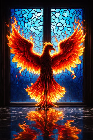 (dominant colours: gold, scarlet, amber, cream, rose), (dramatic shadows, soft light), A glowing fiery phoenix made of flames is silhouetted with wings outstretched in front of a window of intricate, swirled stained glass. The sapphire blue hues of the window bathe the phoenix in an otherworldly glow, its form reflected in the rain-slicked stone floor. (detailed ethereal background), (radiant light patterns), (serene intensity), (mystical window gaze), (otherworldly ambiance), (mesmerizing presence)