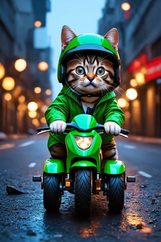 Hyper-realistic digital illustration featuring a kitten with large, expressive eyes, wearing a GREEN raincoat and helmet, riding a tiny GREEN motorcycle, set against a blurred nighttime city street with warm bokeh lights, creating a whimsical and detailed scene with textures of the wet pavement and scattered debris, highlighting the contrast between the sharp focus on the adorable feline and the out-of-focus urban background, adding a layer of surreal charm and imaginative detail to the picture.