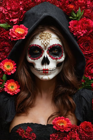 woman dressed sugar skull costume flowers, amazing octane render, thick dust red tones, wearing golden halo, saint woman, white skeleton face, wearing dark hood, hyperrealistic concept art, flower,