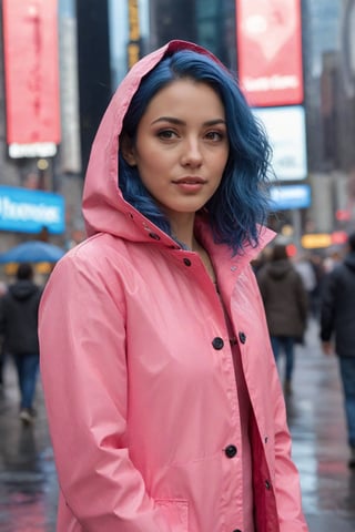 Ultra-high resolution, cinematic lighting,Woman wearing pink raincoat in Times Square,xxmix_girl,more detail XL, blue medium hair, mexican