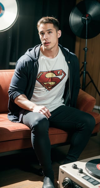 In a vintage-lit studio, Superman Asia embraces his new role as a classic rock musician, strumming beside a spinning vinyl disc. Catnip strains add a unique aroma, and a sleek vaporizer hums. Captured by an EOS 5D Canon Mark IV, Superman Asia's transition from heroism to music is frozen in intense frames. The convergence of classic rock, vinyl, catnip, vaporizers, and photography encapsulates his eclectic artistic journey. Meanwhile, John Cena lounges on a vintage sofa, draped in a cape, as warm studio lights reflect a surreal blend of wrestling, music, and heroism.