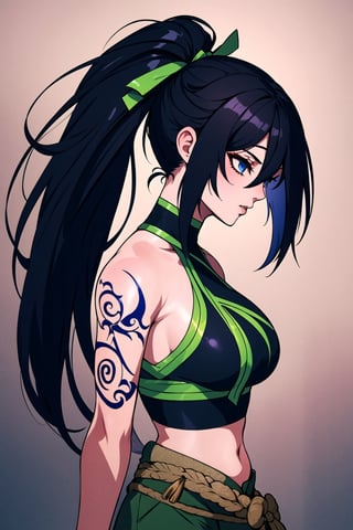 (masterpiece, best quality:1.2), intricate details , akali, 1girl, crop top, pants, hair ribbon, bare shoulders, ponytail, tattoo, black hair