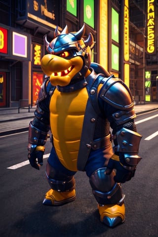 Bowser Knight, neon lights on armor, buffalo-shaped helmet, detailed, natural shading, rendered with unreal Engine 5,in the style of SM,