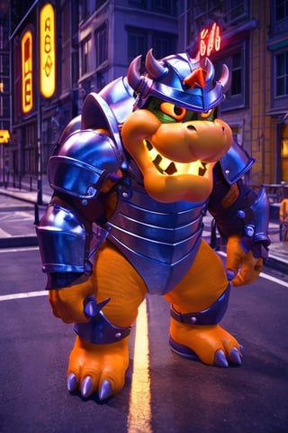 Bowser Knight, neon lights on armor, buffalo-shaped helmet, detailed, natural shading, rendered with unreal Engine 5,in the style of SM,