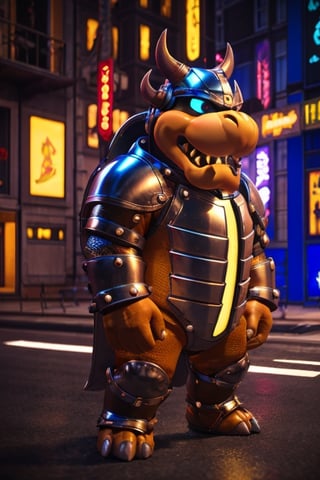 Bowser Knight, neon lights on armor, buffalo-shaped helmet, detailed, natural shading, rendered with unreal Engine 5,in the style of SM,