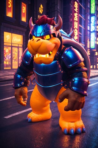 Bowser Knight, neon lights on armor, buffalo-shaped helmet, detailed, natural shading, rendered with unreal Engine 5,in the style of SM,