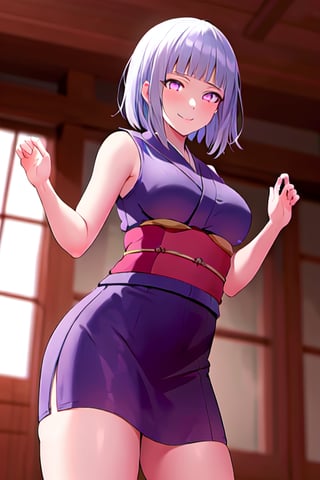 hinata, hyuuga_hinata, 1girl, bangs, (white_hair), blunt_bangs, red_eyes, sleeveless, highres, hime_cut, looking_at_viewer, evil_smile, short-hair, medium_breasts, kimono, from_below