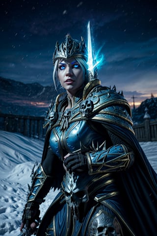 1girl, wowdk, white hair, glowing blue eyes, skull armor, cape, helmet, holding sword, glowing weapon, snow, ice, night, athletic, volumetric lighting, best quality, masterpiece, realistic,  
glowing eyes,JainaProudmoore,wowdk