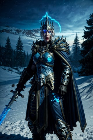 1girl, wowdk, white hair, glowing blue eyes, skull armor, cape, helmet, holding sword, glowing weapon, snow, ice, night, athletic, volumetric lighting, best quality, masterpiece, realistic,  
glowing eyes,JainaProudmoore,wowdk